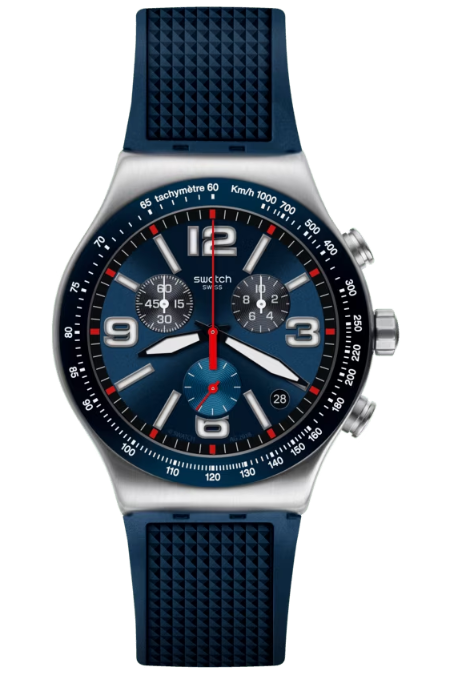 RUCNI SAT SWATCH BLUE GRID YVS454 Silver Group